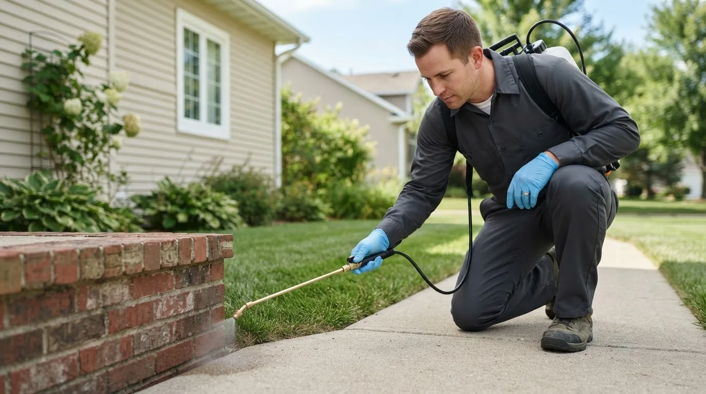 Pest control technician treating a home near Goodrich, ND